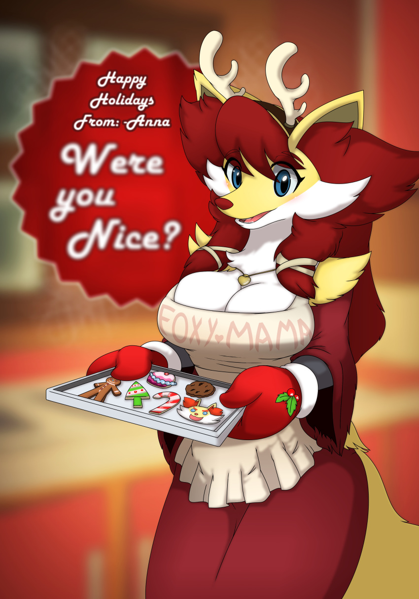 2016 absurd_res anna_firecraft anthro anthrofied apron big_breasts biped blue_eyes blurred_background breasts canine cheek_tuft chest_tuft christmas christmas_cookies cleavage clothed clothing cookie countershade_face countershade_torso countershading delphox digital_drawing_(artwork) digital_media_(artwork) english_text eyelashes fake_antlers fake_horns fan_character female food front_view fur gingerbread_man grey_fur hair half-length_portrait hi_res holding_object holiday_message holidays inner_ear_fluff inside jewelry kitchen long_hair looking_at_viewer mammal metaljaw75 mistletoe mostly_nude multicolored_fur naked_apron necklace nintendo open_mouth open_smile oven_mitts pink_tongue plant pok&eacute;mon pok&eacute;mon_(species) pok&eacute;morph portrait red_fur red_hair red_nose smile snout solo standing text tongue tray tuft video_games white_countershading white_fur yellow_fur