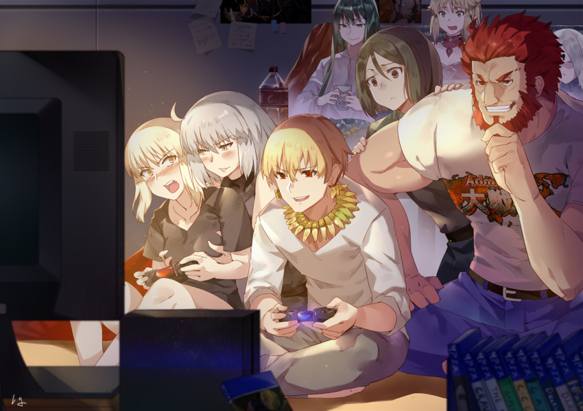 4girls abigail_williams_(fate/grand_order) ahoge artoria_pendragon_(all) beard biceps blonde_hair blush breast_grab breasts commentary_request controller couch enkidu_(fate/strange_fake) facial_hair fate/apocrypha fate/grand_order fate/zero fate_(series) game_console game_controller gilgamesh grabbing groping indian_style jeanne_d'arc_(alter)_(fate) jeanne_d'arc_(fate)_(all) mordred_(fate)_(all) multiple_boys multiple_girls nanaya_(daaijianglin) open_mouth parted_lips playing_games playstation_4 red_hair rider_(fate/zero) saber_alter sensha_otoko silver_hair sitting smile television waver_velvet yuri