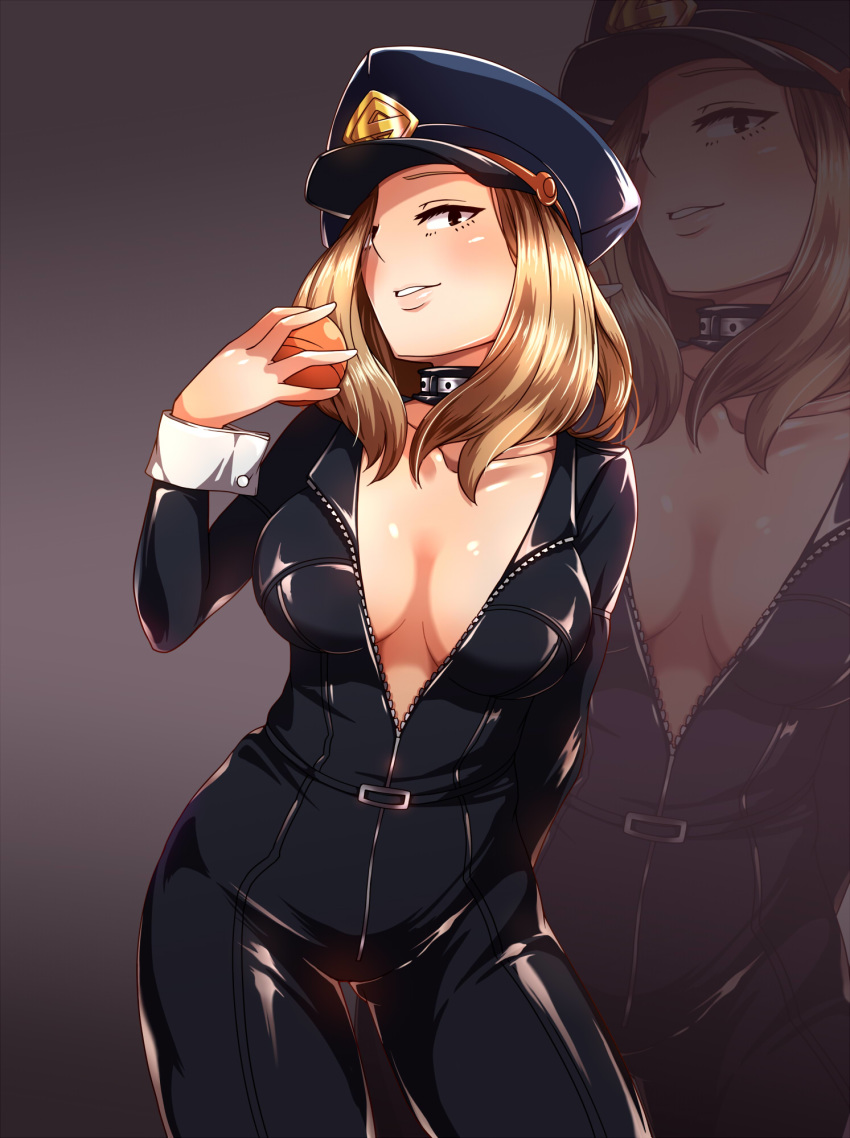 ball black_bodysuit blonde_hair blush bodysuit boku_no_hero_academia breasts choker cleavage collar collarbone commentary_request hadome hat highres holding holding_ball large_breasts lips looking_at_viewer no_bra parted_lips peaked_cap short_hair skin_tight solo standing unzipped utsushimi_kemii