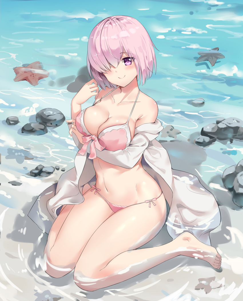 absurdres arm_under_breasts barefoot beach bikini blush breast_hold breasts c: collarbone day derivative_work eyebrows_visible_through_hair fate/grand_order fate_(series) hair_over_one_eye highres large_breasts lavender_hair layered_bikini long_sleeves looking_at_viewer mash_kyrielight meinuoxuan_999 navel ocean open_clothes open_shirt partially_submerged pink_bikini purple_eyes shirt short_hair side-tie_bikini sitting smile solo starfish stomach strap_gap swimsuit wariza water white_shirt