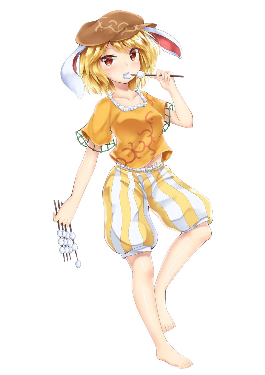 absurdres akiteru98 animal_ears barefoot between_fingers blonde_hair blush breasts brown_hat bunny_ears collarbone commentary_request dango eyebrows_visible_through_hair flat_cap food frills full_body hand_up hat highres holding holding_food looking_at_viewer medium_breasts midriff_peek orange_shirt red_eyes ringo_(touhou) shiny shiny_skin shirt short_hair short_sleeves shorts simple_background smile solo standing standing_on_one_leg striped striped_shorts touhou vertical-striped_shorts vertical_stripes wagashi white_background white_shorts yellow_shorts