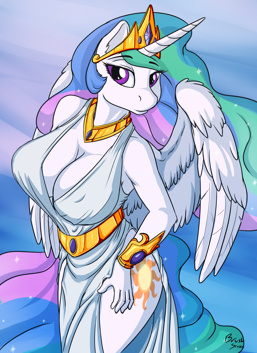 2018 5_fingers absurd_res anthro big_breasts blue_background breasts brushstroke cleavage clothed clothing crown cutie_mark dress equine eyebrows eyelashes feathered_wings feathers female friendship_is_magic hair hand_on_hip hi_res horn long_hair looking_at_viewer mammal multicolored_hair my_little_pony portrait princess_celestia_(mlp) purple_eyes rainbow_hair royalty signature simple_background smile solo standing three-quarter_portrait white_feathers winged_unicorn wings