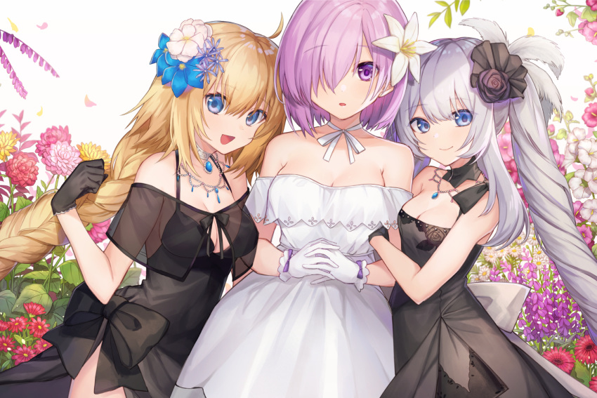3girls :d arm_hug bangs bare_shoulders black_bow black_dress black_gloves black_ribbon blonde_hair blue_eyes blue_flower blush bow braid breasts choker cleavage closed_mouth commentary_request dress eyebrows_visible_through_hair fate/grand_order fate_(series) flower girl_sandwich gloves hair_between_eyes hair_flower hair_ornament hair_over_one_eye hair_ribbon hand_up heroic_spirit_formal_dress interlocked_fingers jeanne_d'arc_(fate) jeanne_d'arc_(fate)_(all) jewelry long_hair looking_at_viewer marie_antoinette_(fate/grand_order) mash_kyrielight medium_breasts multiple_girls off-shoulder_dress off_shoulder open_mouth own_hands_together parted_lips pendant pink_flower purple_eyes purple_hair red_flower ribbon ribbon_choker sandwiched see-through short_hair silver_hair single_braid sleeveless sleeveless_dress smile strapless strapless_dress twintails very_long_hair white_choker white_dress white_flower white_gloves white_ribbon yellow_flower
