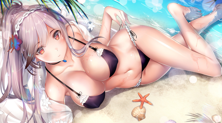 armpits azur_lane bangs beach bikini bikini_tug blush breasts butterfly_hair_ornament choker cleavage collarbone covered_nipples day dunkerque_(azur_lane) earrings eyebrows_visible_through_hair flower grey_hair groin hair_flower hair_ornament hairband jewelry large_breasts long_hair looking_at_viewer lying navel ocean on_side open_clothes open_shirt out_of_frame outdoors palm_leaf pink_eyes ponytail purple_bikini sand sapphire_(stone) see-through shell shirt sidelocks skindentation solo starfish swimsuit thighs wagashi_(user_efep7488) wet white_shirt