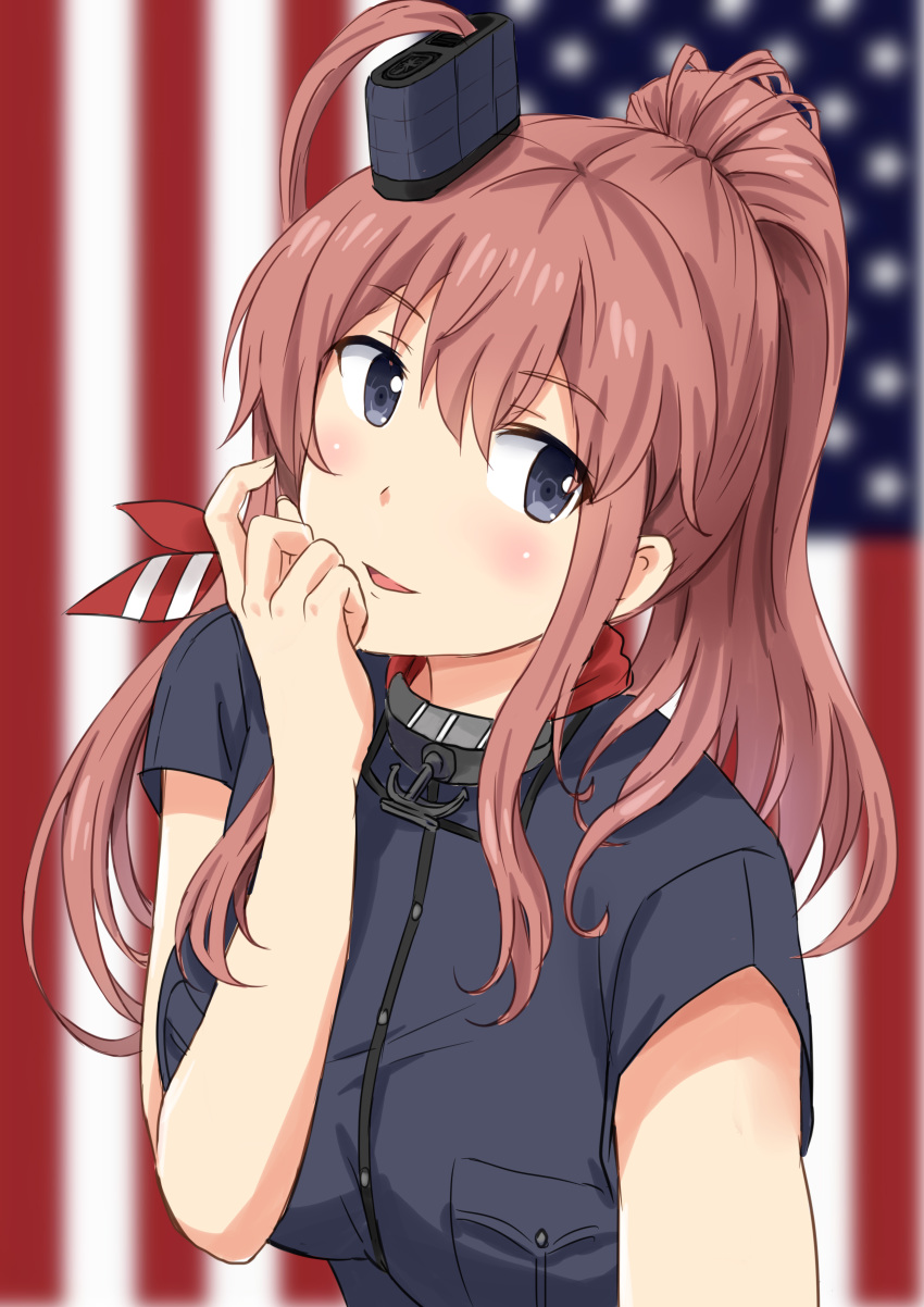 absurdres american_flag anchor black_dress blue_eyes blurry breast_pocket brown_hair commentary_request depth_of_field dress flag_background hair_between_eyes hair_ornament highres kantai_collection looking_at_viewer neckerchief pocket ponytail red_neckwear saratoga_(kantai_collection) side_ponytail sidelocks smokestack solo upper_body yinzhai