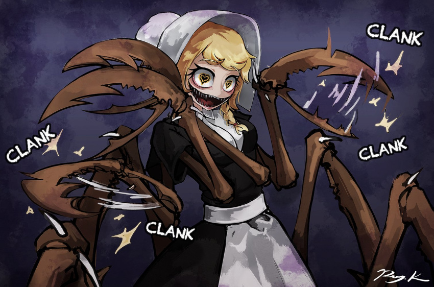 &lt;3 &lt;3_eyes animal_humanoid arachnid arthropod blonde_hair breasts cliffside clothing cordie_(cliffside) dress eyelashes female hair hat humanoid monster_girl_(genre) onomatopoeia open_mouth rayk solo sound_effects teeth tongue