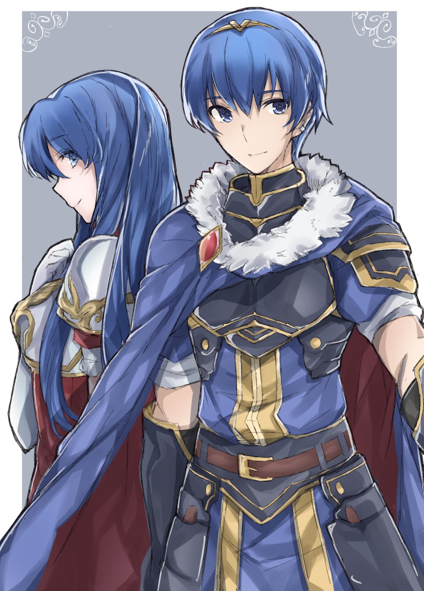 1girl aiueo1234853 armor blue_eyes blue_hair blush cape couple elbow_gloves fingerless_gloves fire_emblem fire_emblem:_monshou_no_nazo fire_emblem_heroes gloves highres husband_and_wife long_hair looking_at_viewer marth pegasus_knight sheeda simple_background smile thighhighs