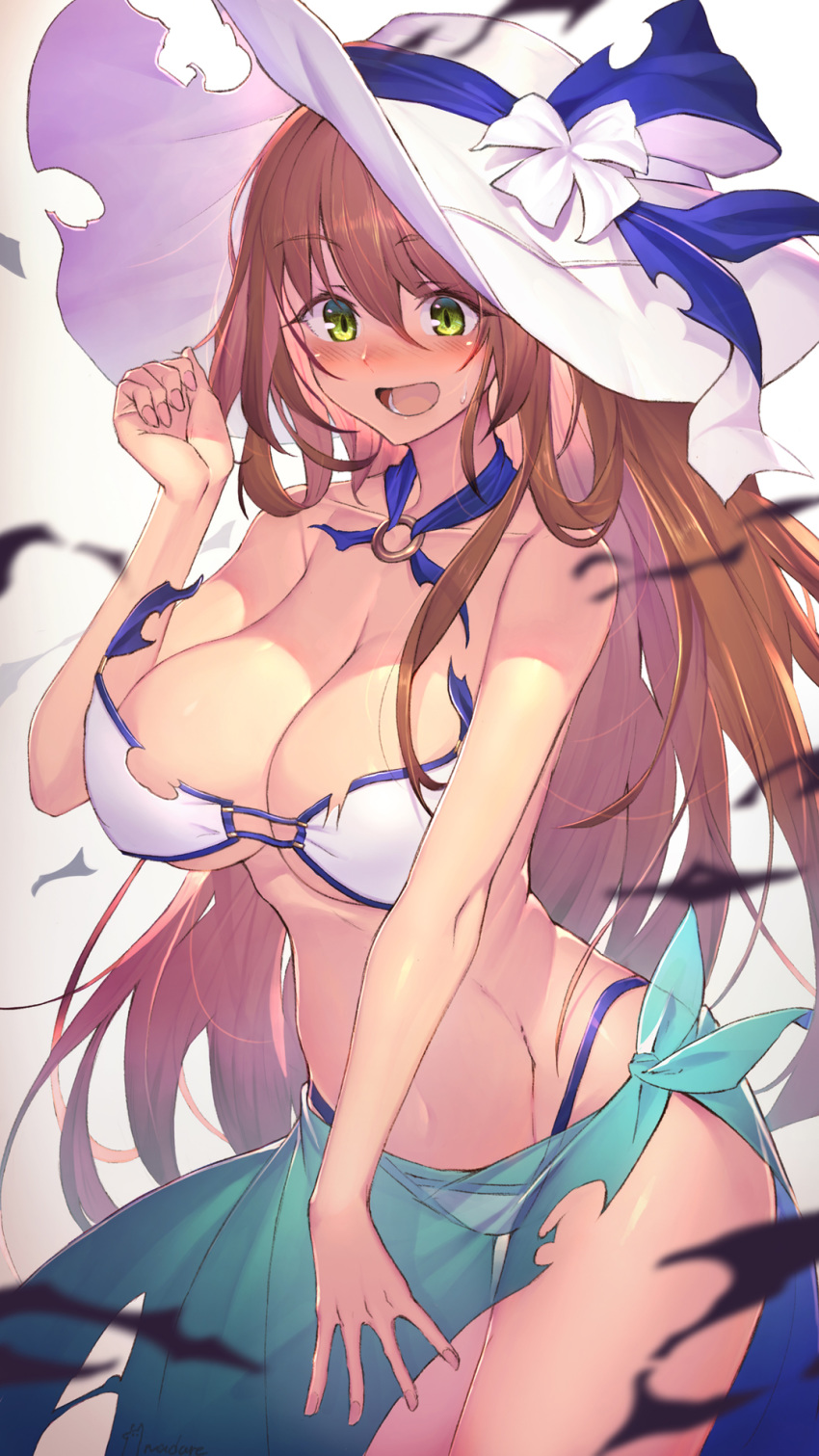 bare_shoulders bikini blonde_hair blush breasts brown_hair cleavage collarbone commentary_request cowboy_shot exploding_clothes eyebrows_visible_through_hair flower girls_frontline green_eyes groin hair_between_eyes halterneck hat hat_flower hat_ribbon highleg highleg_bikini highres large_breasts large_hat leaning_forward lips long_hair looking_down m1903_springfield_(girls_frontline) nadare-san_(nadare3nwm) navel o-ring o-ring_top open_mouth ribbon sarong see-through simple_background solo stomach sun_hat surprised sweatdrop swimsuit torn_bikini torn_clothes underboob wavy_mouth white_background white_bikini white_hat yellow_eyes