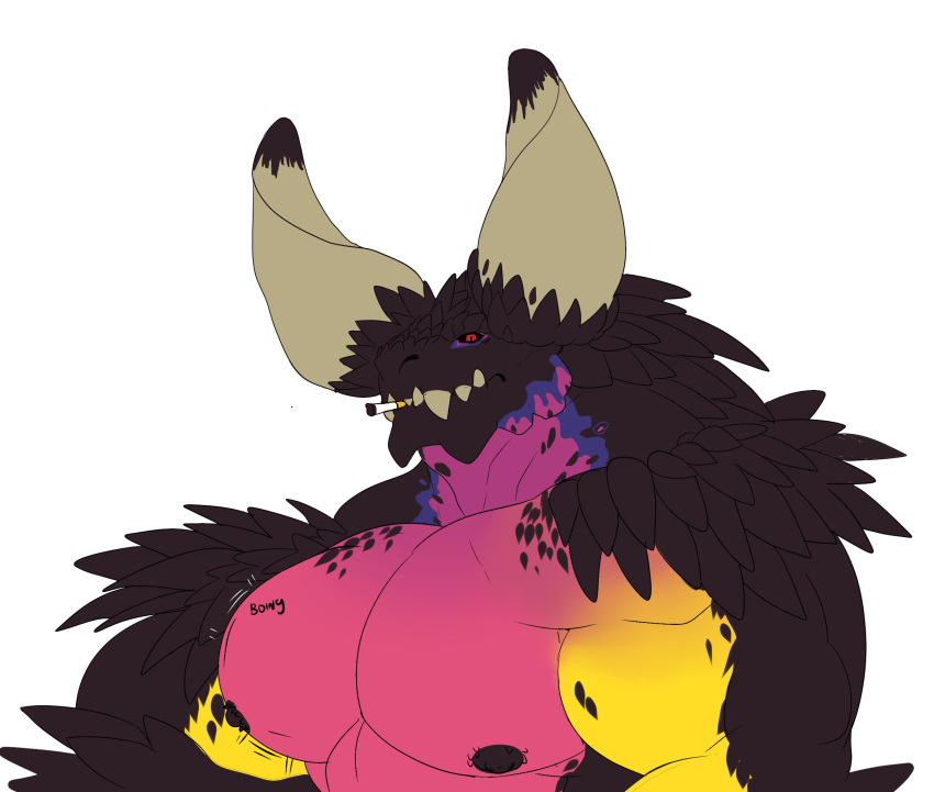 anthro big_biceps big_horns big_pecs bust_portrait cigarette demondragoncyan flexing horn hyper hyper_muscles looking_at_viewer male muscular nergigante nipples pecs portrait purple_scales red_eyes scales simple_background smoking solo teeth white_background yellow_scales