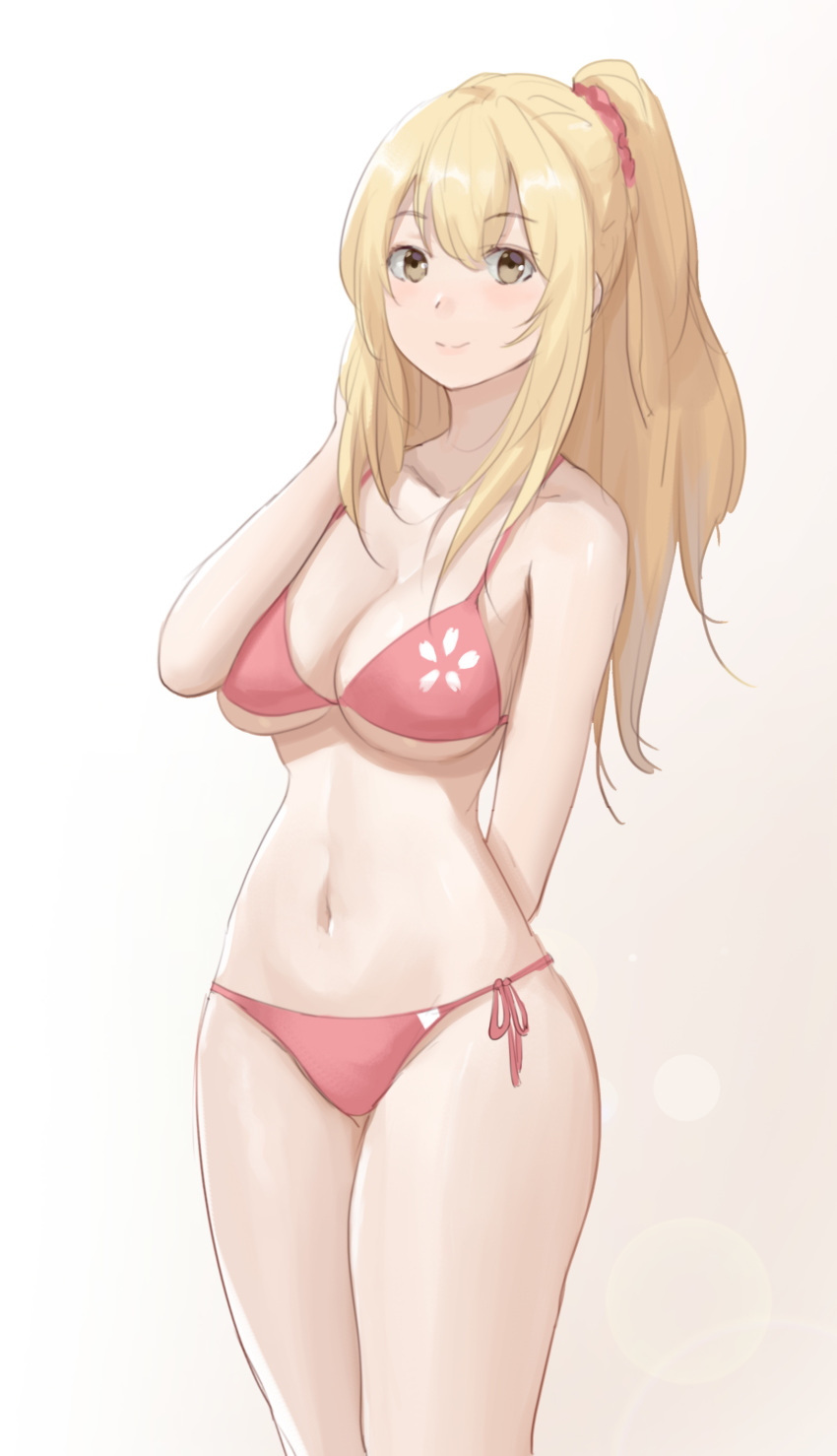 absurdres bikini blonde_hair breasts chaji_h cleavage feet_out_of_frame hair_ornament hair_scrunchie highres large_breasts long_hair looking_at_viewer pink_bikini pink_scrunchie scrunchie side-tie_bikini simple_background solo standing sunohara_ayaka sunoharasou_no_kanrinin-san swimsuit white_background yellow_eyes