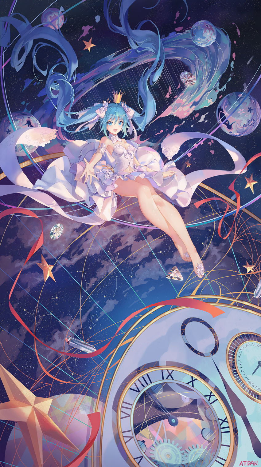 absurdly_long_hair aqua_hair atdan bangs bare_legs bare_shoulders barefoot blue_hair blush bow breasts cleavage constellation crown diamond dress flower flying gears gem hair_between_eyes hair_bow hair_flower hair_ornament hair_ribbon hatsune_miku highres jewelry long_hair looking_at_viewer midair mini_crown navel open_mouth outstretched_arm outstretched_hand planet ribbon roman_numerals rose signature sky smile solo star star_(sky) starry_sky twintails very_long_hair vocaloid watch white_dress white_flower white_rose