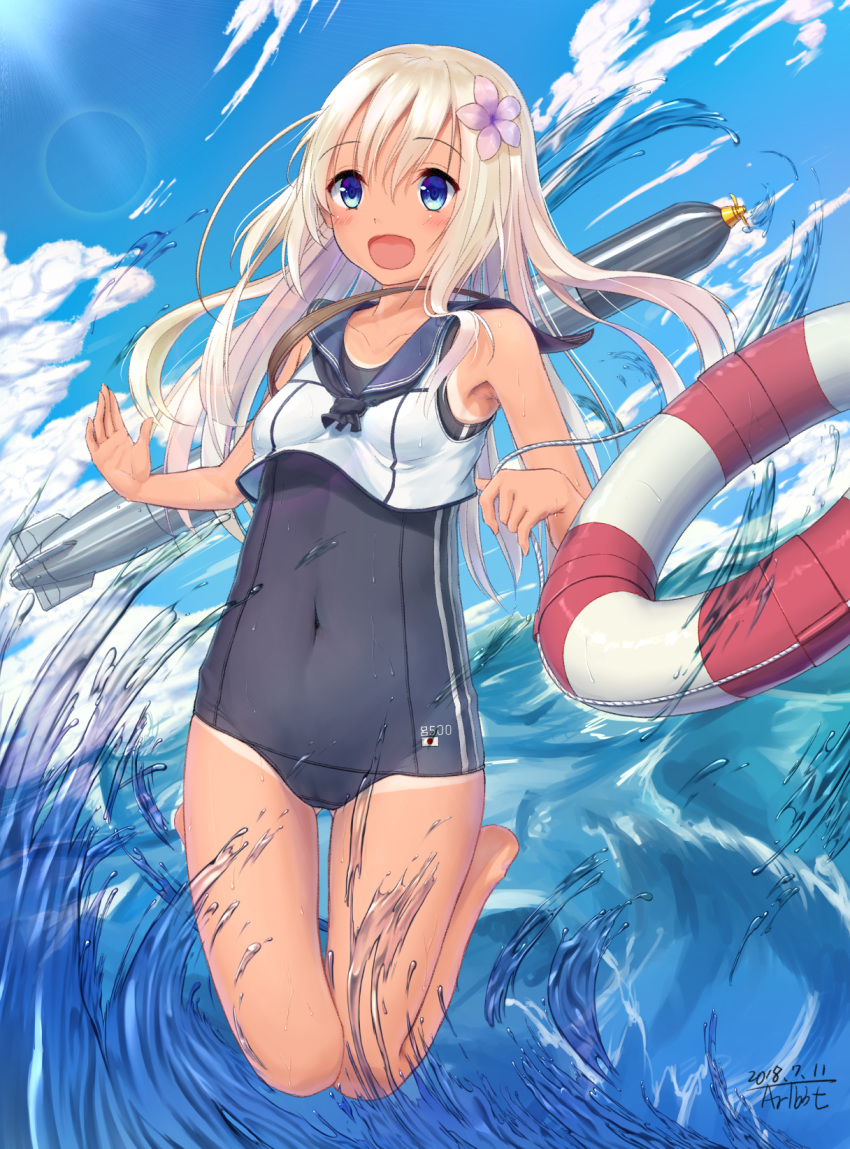 :d black_swimsuit blonde_hair blue_eyes blue_sky cloud covered_navel crop_top dated day flower full_body hair_flower hair_ornament highres kantai_collection lens_flare lifebuoy long_hair one-piece_swimsuit one-piece_tan open_mouth outdoors ro-500_(kantai_collection) sailor_collar school_swimsuit signature sky smile solo splashing swimsuit swimsuit_under_clothes tan tanline torpedo traveler_(artbbt) water
