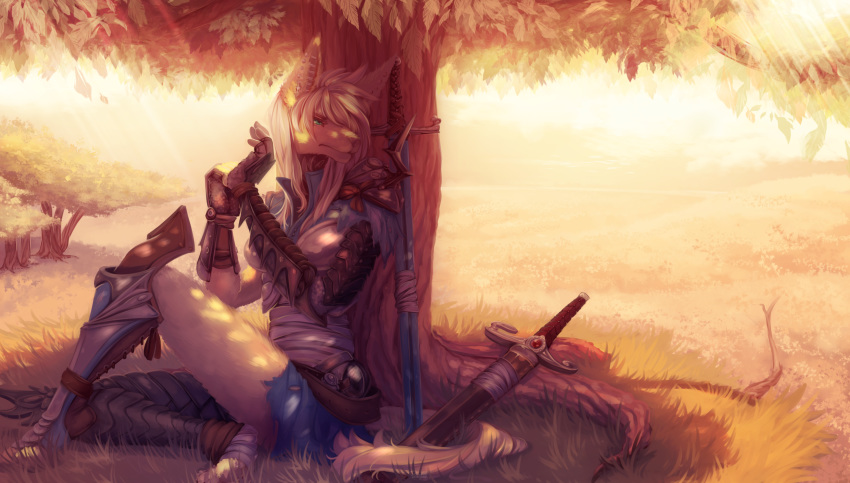 anthro armor canine clothed clothing detailed_background ear_piercing female golden_jackal hi_res jackal mammal melee_weapon outside piercing sitting solo sword tanks_(artist) tree warm_colors weapon zilla_(airlea)