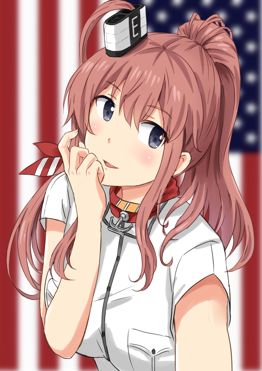 absurdres american_flag anchor blue_eyes blurry breast_pocket brown_hair chinese_commentary commentary_request depth_of_field dress flag_background hair_between_eyes hair_ornament highres kantai_collection looking_at_viewer neckerchief pocket ponytail red_neckwear saratoga_(kantai_collection) side_ponytail sidelocks smokestack solo upper_body white_dress yinzhai