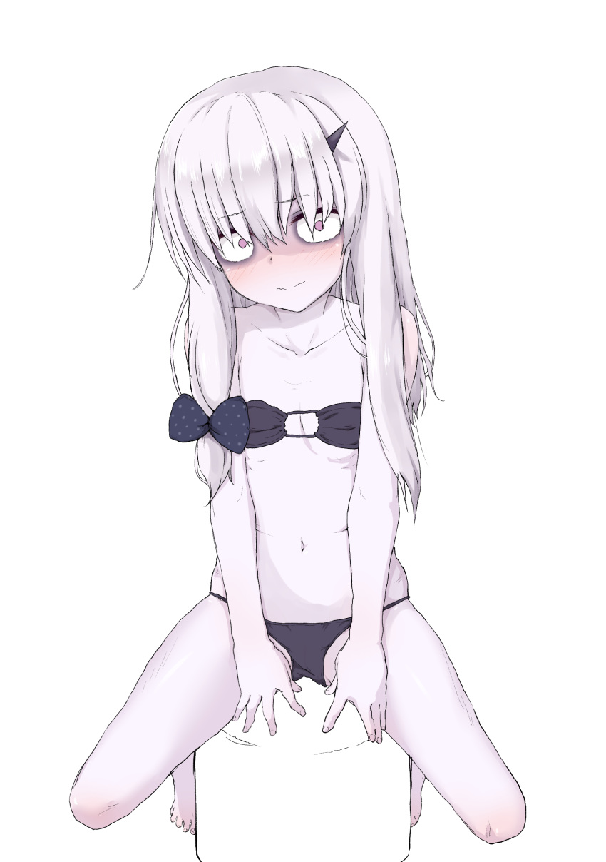 absurdres bags_under_eyes bangs bare_arms bare_shoulders bikini black_bikini black_bow blush bow closed_mouth collarbone commentary_request eyebrows_visible_through_hair fate/grand_order fate_(series) fingernails hair_between_eyes hair_bow head_tilt highres lavinia_whateley_(fate/grand_order) long_hair looking_at_viewer navel pale_skin polka_dot polka_dot_bow purple_eyes silver_hair simple_background sitting solo swimsuit wavy_mouth white_background wide-eyed yakihebi