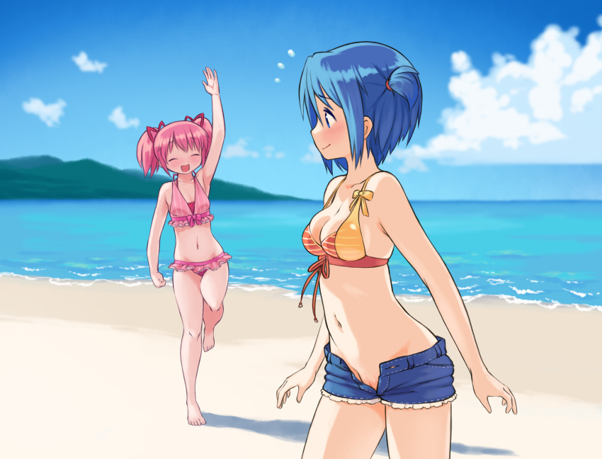^_^ arm_at_side arm_up arms_at_sides bare_arms bare_legs bare_shoulders barefoot beach bikini bikini_top blue_eyes blue_hair blue_sky blurry blurry_background blush breasts cleavage closed_eyes closed_mouth cloud collarbone commentary day denim denim_shorts english_commentary flying_sweatdrops gloamy groin hair_ribbon highres kaname_madoka legs looking_at_another magia_record:_mahou_shoujo_madoka_magica_gaiden mahou_shoujo_madoka_magica medium_breasts miki_sayaka multiple_girls navel no_panties ocean open_clothes open_fly open_mouth open_shorts outdoors pink_hair pussy_peek ribbon running short_hair shorts side_ponytail sidelocks sky smile standing stomach strap_gap swimsuit thighs two_side_up unbuttoned water waving |d