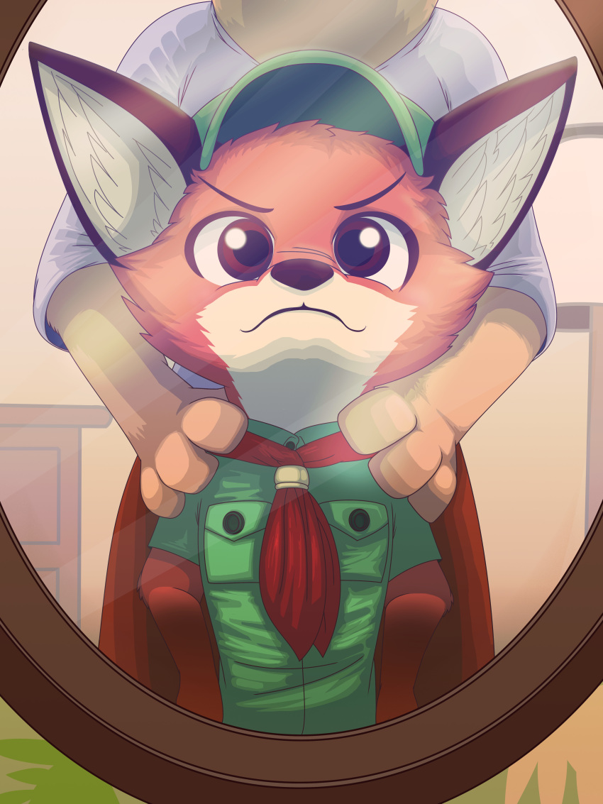 2016 3_fingers absurd_res age_difference ambiguous_gender anthro baseball_cap biped boy_scout brown_eyes brown_fur brown_nose canine cheek_tuft child clothed clothing countershade_face countershading cub cute determined digital_drawing_(artwork) digital_media_(artwork) disney duo female fox front_view fur green_clothing handkerchief hands_on_hips hat hi_res inner_ear_fluff larger_female looking_at_viewer male mammal metaljaw75 mirror mirror_reflection mother mother_and_son mrs_wilde multicolored_fur neckerchief nick_wilde older_female orange_fur parent pockets reflection scout_uniform shirt shoulder_grab size_difference skirt smaller_male smile smirk smug snout solo_focus son standing tan_countershading tan_fur tuft uniform young younger_male zootopia