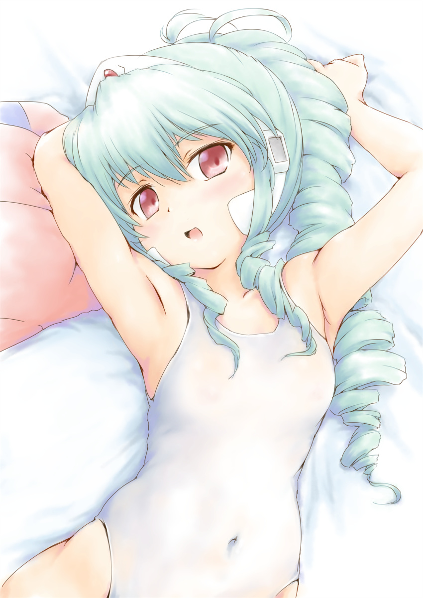 :d armpits arms_up bangs bare_arms bare_shoulders bed_sheet blue_hair breasts collarbone covered_navel drill_hair eyebrows_visible_through_hair galaxy_angel highres light_blue_hair looking_at_viewer lying normad on_back one-piece_swimsuit open_mouth pink_eyes ponytail shimamoto_(natsuki) small_breasts smile solo swimsuit vanilla_h white_swimsuit