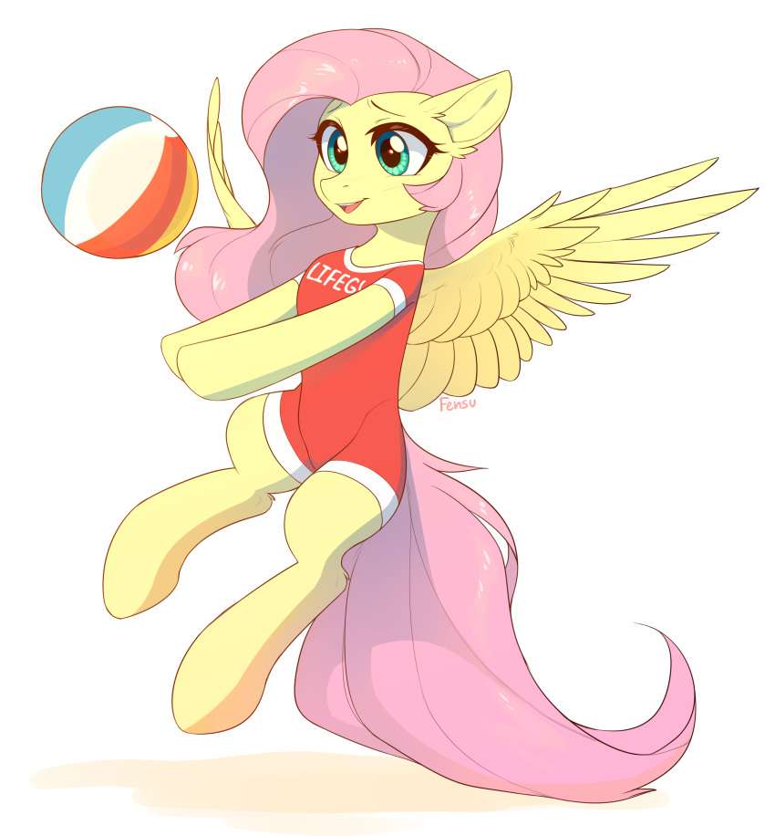 2018 absurd_res ball beach_ball clothed clothing english_text equine feathered_wings feathers female fensu-san feral fluttershy_(mlp) friendship_is_magic hair hi_res hooves long_hair mammal my_little_pony open_mouth pegasus pink_hair simple_background solo spread_wings text tongue white_background wings