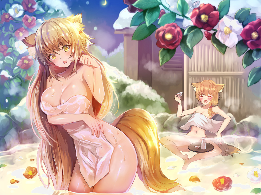 :d :o alcohol animal_ear_fluff bangs bare_shoulders barefoot blush breast_hold breasts camellia cleavage closed_eyes commentary_request convenient_censoring crescent_moon crotch eyebrows_visible_through_hair flat_chest flower fox_girl fox_tail hair_over_shoulder hand_up knees_apart_feet_together large_breasts long_hair looking_at_viewer meisuke_mei moon multiple_girls naked_towel night onsen open_mouth original outdoors paw_pose petals petals_on_liquid plant sake side_ponytail sitting smile snow tail thighs tokkuri towel tray very_long_hair wading water wet wet_hair winter yellow_eyes
