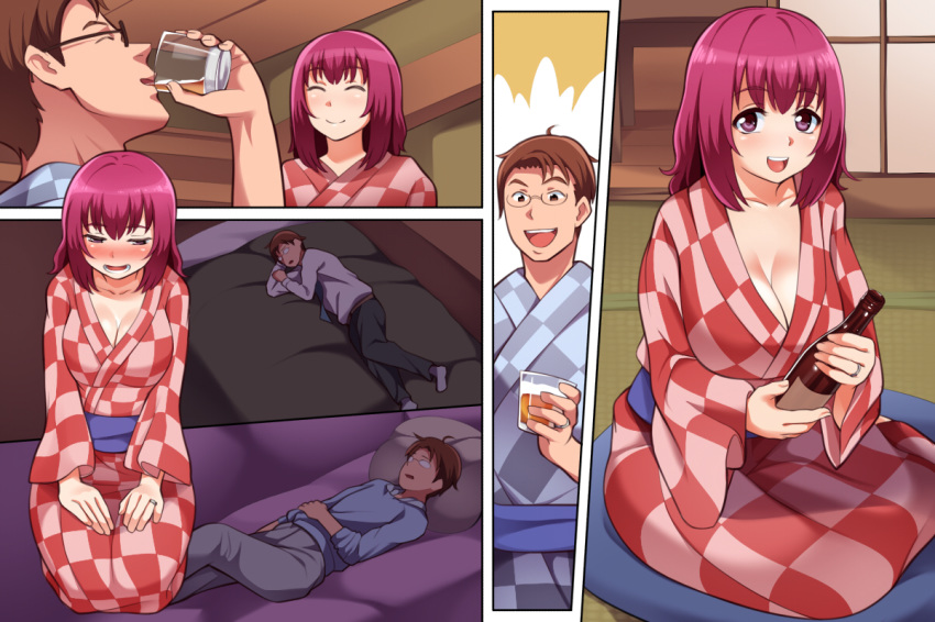 1girl alcohol bed blush bottle breasts brown_eyes brown_hair cleavage closed_mouth cup drinking drinking_glass eyes_closed floor futon glasses half-closed_eyes hands_on_own_thighs happy highres holding hoshizora_ikuyo husband_and_wife indoors japanese_clothes jewelry kneeling large_breasts looking_at_viewer lying milf obi open_mouth pillow pink_hair precure purple_eyes ring sake sake_bottle sash sequential short_hair shrine_(artist) sitting smile smile_precure! tatami wariza wedding_ring wide_sleeves