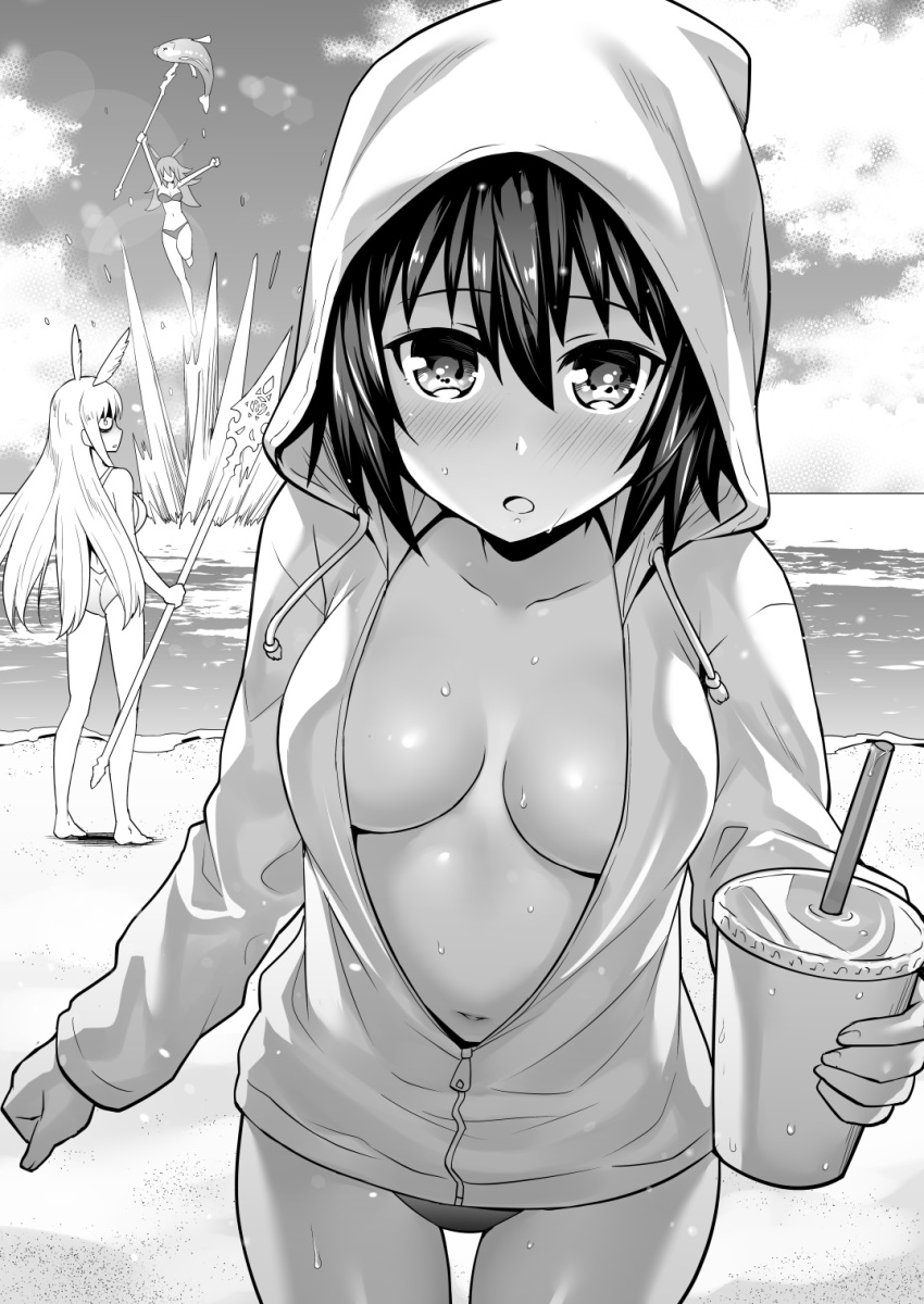 :o animal_hood bangs barefoot beach bikini bikini_bottom bikini_under_clothes breasts cat_hood cleavage cloud collarbone cowboy_shot cup disposable_cup drawstring drinking_glass drinking_straw fate/grand_order fate_(series) fish greyscale hair_between_eyes head_wings highres hildr_(fate/grand_order) holding holding_cup holding_weapon hood hood_up hooded_jacket jacket jumping lance lens_flare long_sleeves looking_at_viewer monochrome multiple_girls navel ocean one-piece_swimsuit ono_misao open_mouth ortlinde_(fate/grand_order) outstretched_hand partially_unzipped polearm short_hair sky solo_focus splashing standing swimsuit thrud_(fate/grand_order) valkyrie_(fate/grand_order) water weapon