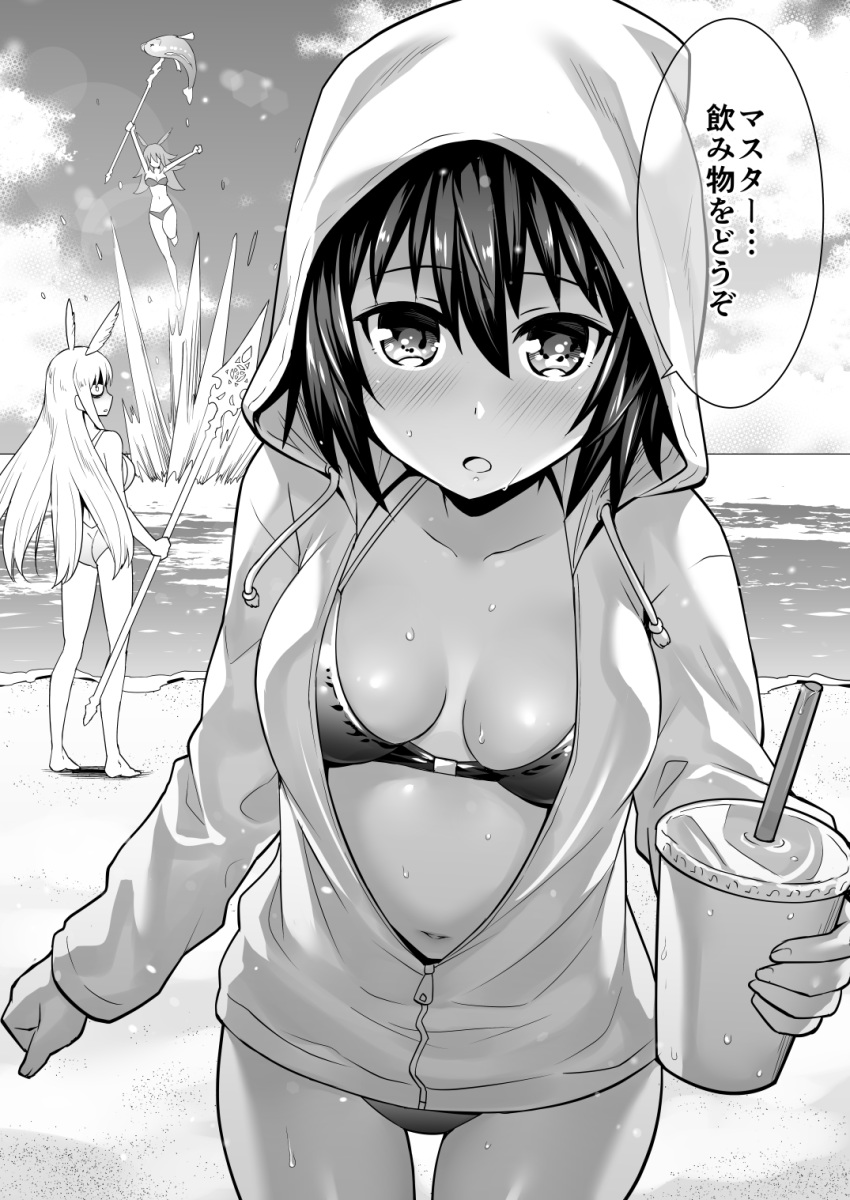 :o animal_hood bangs barefoot beach bikini bikini_under_clothes breasts cat_hood cleavage cloud collarbone commentary_request cowboy_shot cup disposable_cup drawstring drinking_glass drinking_straw fate/grand_order fate_(series) fish greyscale hair_between_eyes head_wings highres hildr_(fate/grand_order) holding holding_cup holding_weapon hood hood_up hooded_jacket jacket jumping lance lens_flare long_sleeves looking_at_viewer monochrome multiple_girls navel ocean one-piece_swimsuit ono_misao open_mouth ortlinde_(fate/grand_order) outstretched_hand partially_unzipped polearm short_hair sky solo_focus speech_bubble splashing standing swimsuit thrud_(fate/grand_order) translated valkyrie_(fate/grand_order) water weapon