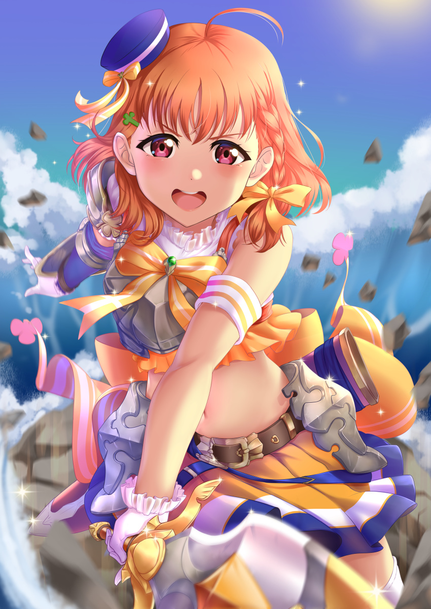 absurdres ahoge armband asymmetrical_sleeves blue_hat blue_sky bow braid breastplate day detached_sleeves gloves granblue_fantasy hair_bow hat highres holding holding_sword holding_weapon long_hair looking_at_viewer love_live! love_live!_sunshine!! midriff miniskirt navel open_mouth orange_hair outdoors outstretched_arm pleated_skirt raemn_(raemn2d) red_eyes skirt sky sleeveless solo sparkle stomach sword takami_chika thighhighs weapon white_gloves white_legwear yellow_bow