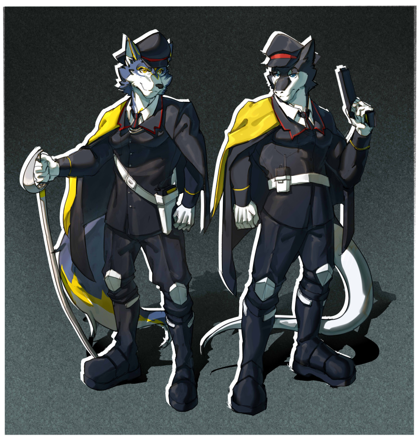 agonylight anthro black_fur black_nose bulge canine cape chest_tuft claws clothed clothing digital_media_(artwork) discordnight dog_tags eyes_closed fangs fur grey_background gun hair hi_res male mammal melee_weapon muscular necktie obliques pants pecs ranged_weapon sergal simple_background smile standing sword teeth toe_claws topless triceps tuft weapon white_fur wolf yellow_eyes 败子白歌