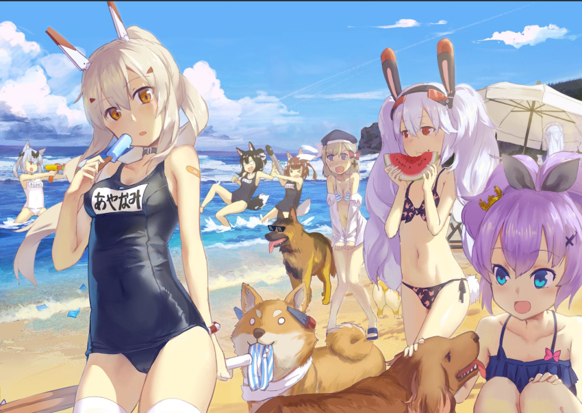 &gt;_&lt; @_@ aiming animal_ears ayanami_(azur_lane) azur_lane beach belfast_(azur_lane) beret bikini_bottom_removed blonde_hair blue_eyes breasts clothes_theft cloud commentary_request day deal_with_it dog dog_tail eating food fruit glasses hair_ornament hair_ribbon hairclip hankon hat highres javelin_(azur_lane) laffey_(azur_lane) long_hair looking_at_viewer multiple_girls one-piece_swimsuit open_mouth panties parasol ribbon sand school_swimsuit shigure_(azur_lane) shiratsuyu_(azur_lane) sky striped striped_panties swimsuit swimsuit_theft tail tears theft torpedo twintails umbrella underwear water_gun watermelon yukikaze_(azur_lane) z23_(azur_lane)