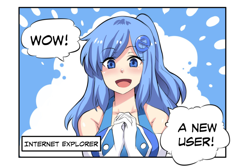3koma bare_shoulders blue_eyes blue_hair blush collarbone comic commentary elbow_gloves english english_commentary excited eyebrows_visible_through_hair gloves hair_ornament highres hinghoi interlocked_fingers internet_explorer long_hair looking_at_viewer open_mouth original personification smile solo speech_bubble upper_body