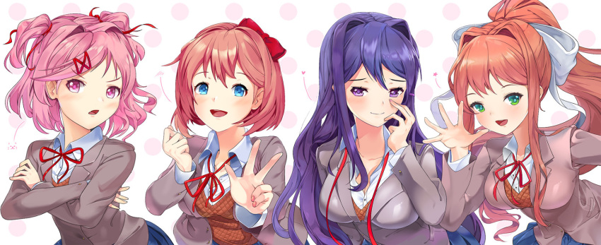 4girls :d anadaginda blue_eyes bow brown_hair commentary crossed_arms doki_doki_literature_club english_commentary green_eyes grey_jacket hair_bow hair_ornament hair_ribbon hairclip highres jacket leaning_forward long_hair looking_at_viewer monika_(doki_doki_literature_club) multiple_girls natsuki_(doki_doki_literature_club) open_mouth pink_eyes pink_hair polka_dot polka_dot_background ponytail purple_eyes purple_hair red_bow red_ribbon ribbon sayori_(doki_doki_literature_club) school_uniform short_hair smile two_side_up w waving white_ribbon yuri_(doki_doki_literature_club)