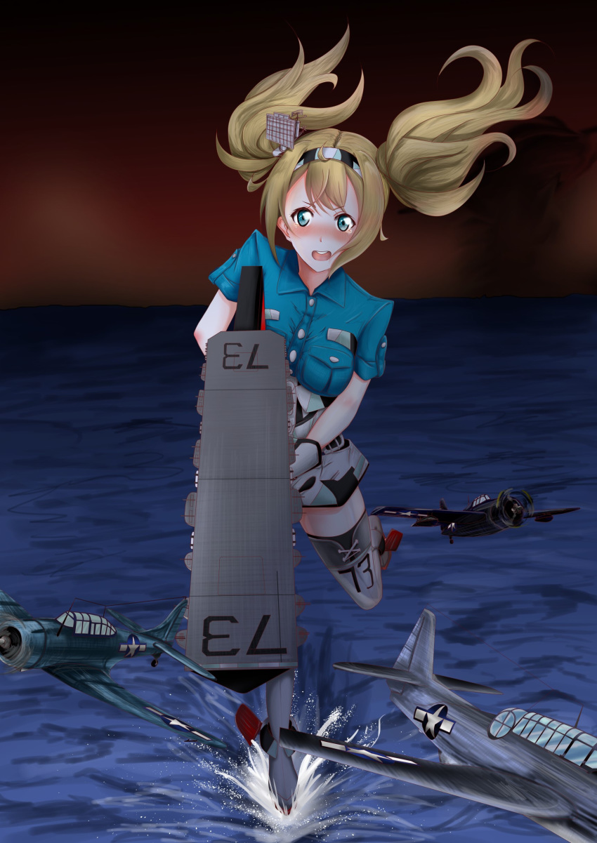 absurdres aircraft aircraft_request blonde_hair blue_eyes blue_shirt breast_pocket buttons carrier collared_shirt commentary darkness deck f6f_hellcat gambier_bay_(kantai_collection) gloves hair_between_eyes hairband highres kantai_collection launching multicolored multicolored_clothes multicolored_gloves ocean pocket red_sky sbd_dauntless shirt short_sleeves shorts sky solo souneko_123 standing standing_on_one_leg tbf_avenger tearing_up tears twintails
