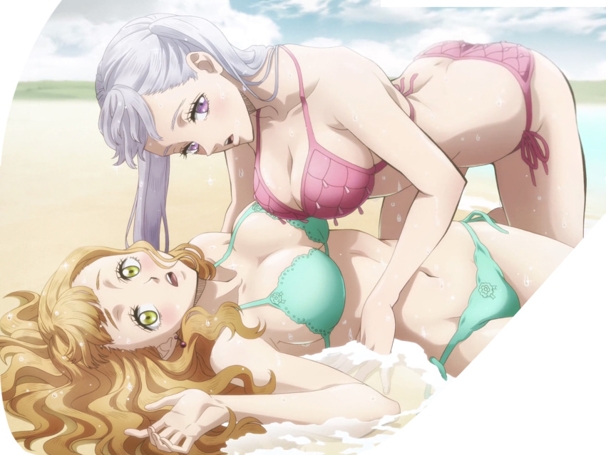 10s 2girls all_fours ass beach bikini black_clover blush breasts brown_hair cleavage cousins curly_hair female girl_on_top green_bikini highres large_breasts lavender_hair legs long_hair looking_at_viewer lying mimosa_vermilion multiple_girls noelle_silva ocean open_mouth orange_hair parted_lips pink_bikini purple_eyes screencap side-tie_bikini silver_hair sky stitched swimsuit tagme third-party_edit twintails wet yellow_eyes yuri