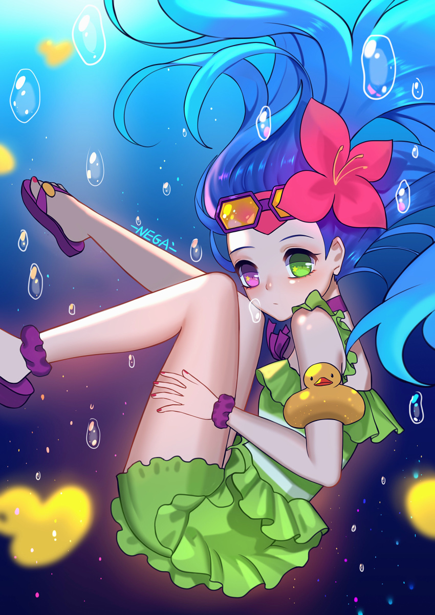 1girl absurdly_long_hair alternate_costume alternate_eye_color alternate_hair_color bare_shoulders bikini bow flower frilled_bikini frilled_skirt frills goggles hair_flower hair_ornament league_of_legends long_hair multicolored multicolored_eyes pool_party_zoe skirt solo swimsuit very_long_hair zoe_(league_of_legends)