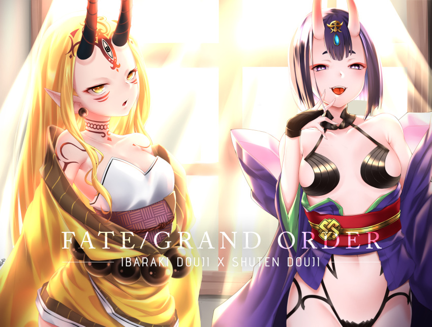 bangs bare_shoulders blush bob_cut breasts character_name copyright_name cup eyebrows_visible_through_hair fate/grand_order fate_(series) highres horns ibaraki_douji_(fate/grand_order) japanese_clothes kimono long_hair looking_at_viewer multiple_girls navel oni oni_horns open_clothes open_kimono open_mouth purple_eyes purple_hair rara086 revealing_clothes sakazuki short_hair shuten_douji_(fate/grand_order) small_breasts smile
