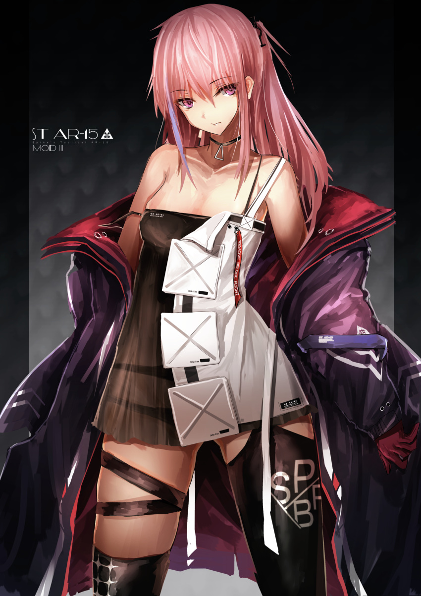 armor bangs bare_shoulders black_legwear breasts choker closed_mouth clothes_writing collarbone commentary_request cowboy_shot dress eyebrows_visible_through_hair girls_frontline gloves haguruma_(hagurumali) hair_between_eyes hair_ornament highres jacket kneehighs long_hair looking_at_viewer mod3_(girls_frontline) multicolored_hair off_shoulder pink_eyes pink_hair ponytail sidelocks single_kneehigh single_thighhigh skindentation small_breasts solo st_ar-15_(girls_frontline) strap_slip streaked_hair thigh_strap thighhighs