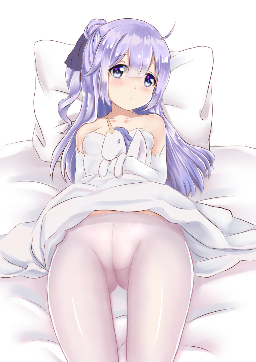 absurdres ahoge azur_lane bangs bare_shoulders bed_sheet black_ribbon blush breasts cameltoe closed_mouth collarbone commentary_request covered_nipples crotch_seam dress dress_lift elbow_gloves eyebrows_visible_through_hair gloves hair_bun hair_ribbon hairband highres kanon_12361024 long_hair lying object_hug on_back one_side_up pantyhose pillow purple_eyes purple_hair ribbon side_bun small_breasts solo strapless strapless_dress stuffed_alicorn stuffed_animal stuffed_toy unicorn_(azur_lane) very_long_hair white_dress white_gloves white_legwear