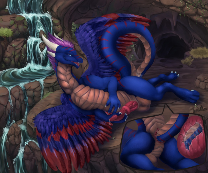 anal anal_penetration anthro avezola balls blue_eyes cave detailed_background dragon feathers hair horn internal looking_at_viewer lying male masturbation moss open_mouth outside penetration penis precum purple_hair rock scales sex tail_sex water waterfall wings