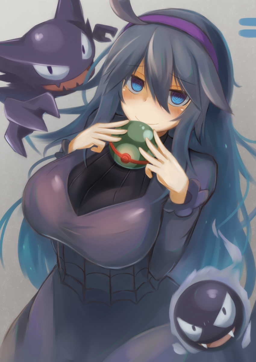 ahoge akahuzi blue_eyes blush breasts closed_mouth eyebrows_visible_through_hair gastly hairband haunter hex_maniac_(pokemon) highres holding holding_poke_ball large_breasts long_hair long_sleeves looking_at_viewer poke_ball pokemon pokemon_(creature) pokemon_(game) pokemon_xy purple_hair smile solo