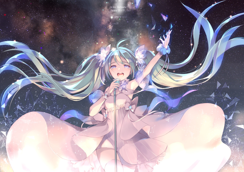 ahoge aqua_hair arm_up blue_eyes character_name cowboy_shot floating_hair gin_(oyoyo) happy_birthday hatsune_miku highres long_hair microphone microphone_stand nail_polish open_mouth outstretched_arm sky solo star_(sky) starry_sky thighhighs twintails very_long_hair vocaloid