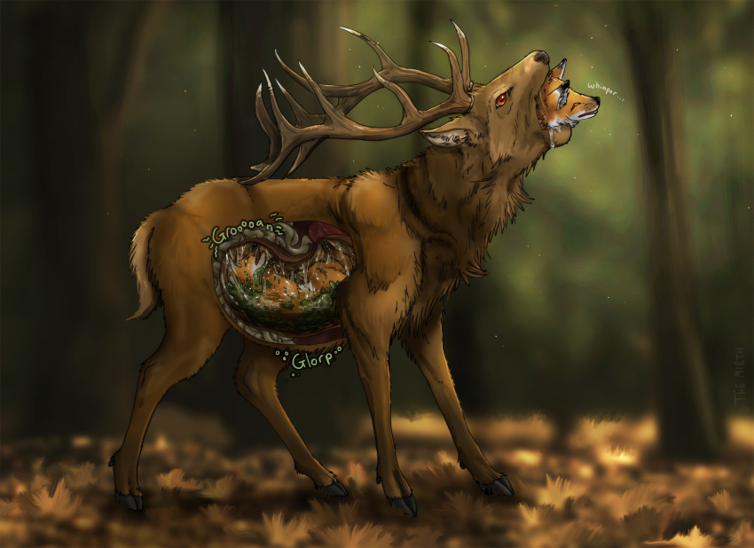2018 antlers canine cervine digestion drooling feral forest fox group hi_res hooves horn internal intestines male male_pred mammal nature oral_vore red_eyes saliva standing stomach stomach_acid swallowing themirth tree vore