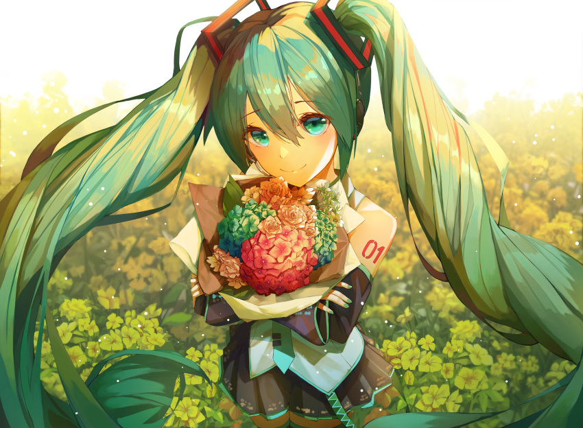 aqua_eyes aqua_hair backlighting bangs blush bouquet commentary crossed_arms detached_sleeves field flower flower_field hair_between_eyes hair_ornament hatsune_miku highres holding hydrangea long_hair looking_at_viewer munseonghwa necktie outdoors pleated_skirt rose skirt smile solo standing symbol_commentary tattoo twintails very_long_hair vocaloid