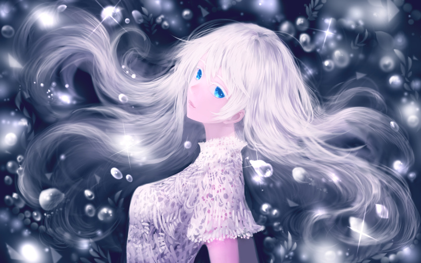 blue_eyes bubble contrast eyebrows eyelashes floating_hair light_particles lips long_hair looking_at_viewer looking_to_the_side original sakimori_(hououbds) shirt solo upper_body white white_hair white_shirt