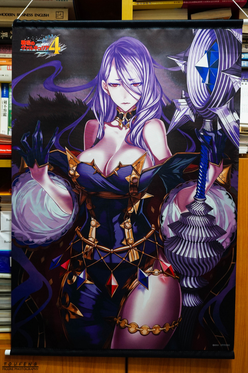 asymmetrical_clothes bare_shoulders breasts cape cleavage closed_mouth crymaria_levin detached_collar dress eyebrows_visible_through_hair eyes_visible_through_hair facing_viewer fur_cape gloves highres holding_lance honjou_raita jewelry large_breasts long_hair looking_at_viewer official_art pale_skin photo poster purple_dress purple_gloves purple_hair red_eyes senjou_no_valkyria senjou_no_valkyria_4 strapless thigh_strap thighs wide_sleeves