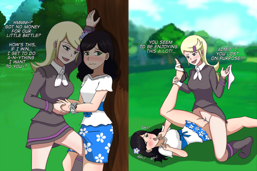 2girls ace_trainer_(pokemon) against_tree before_and_after blush breasts comic creatures_(company) english game_freak highres instant_loss_2koma leg_up mizuki_(pokemon) moaning multiple_girls nintendo outdoors panties panties_removed pokemon pokemon_(game) pokemon_sm pussy sex skirt smile spread_legs text_focus tree tribadism uncensored underwear wavy_mouth yuri