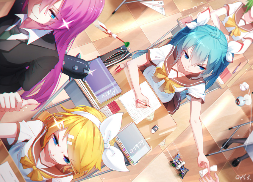 5girls ahoge arm_up arms_behind_back bai_yemeng bangs black_footwear black_jacket black_legwear blonde_hair blue_eyes blue_hair blush book bow bowtie brown_sailor_collar brown_skirt chair checkered checkered_floor classroom closed_mouth club commentary_request dart desk dutch_angle eraser eyebrows_visible_through_hair flying_sweatdrops from_above glint green_hair green_neckwear gumi hair_between_eyes hair_bow hair_ornament hair_ribbon hairband hairclip hatsune_miku highres holding indoors jacket kagamine_rin long_hair looking_at_viewer looking_away looking_to_the_side megurine_luka mini_4wd motion_lines multiple_girls neckerchief necktie outstretched_arm pantyhose paper paper_airplane pen pencil_case pencil_sharpener pink_hair pleated_skirt propeller revision ribbon rubik's_cube ruler sailor_collar school_chair school_desk school_uniform serafuku shaded_face shirt shoes short_hair short_sleeves signature skirt smile smug spiked_club star straight_hair suction-cup_dart swept_bangs teacher thumbs_up toy_car v-shaped_eyebrows very_long_hair vocaloid weapon white_hairband white_ribbon white_shirt x_hair_ornament yellow_bow