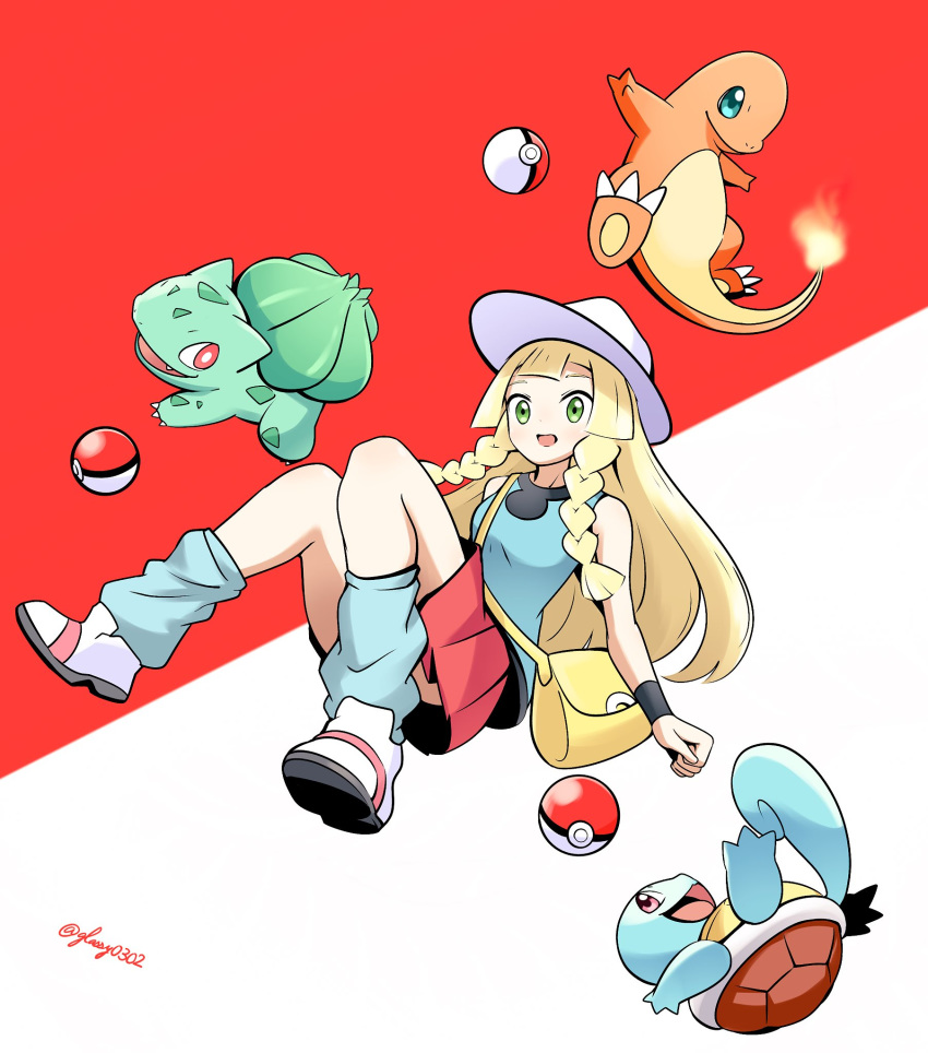 blonde_hair blue_(pokemon) blue_(pokemon)_(cosplay) bulbasaur charmander commentary_request convenient_leg cosplay glassy0302 green_eyes highres lillie_(pokemon) miniskirt poke_ball pokemon pokemon_(creature) pokemon_(game) pokemon_sm red_eyes red_skirt skirt squirtle