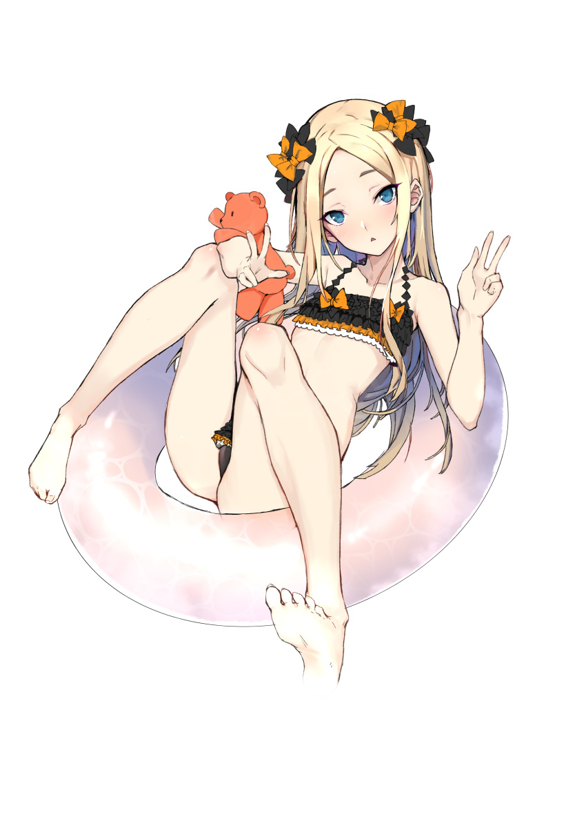 abigail_williams_(fate/grand_order) absurdres bangs bare_legs barefoot bikini black_bikini blonde_hair blue_eyes bow commentary_request double_w fate/grand_order fate_(series) flat_chest ganida_boushoku hair_bow head_tilt highres innertube long_hair looking_at_viewer lying parted_bangs parted_lips sidelocks simple_background solo stuffed_animal stuffed_toy swimsuit teddy_bear triangle_mouth w white_background