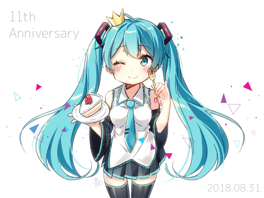 ;) anniversary bangs bare_shoulders black_legwear black_skirt blue_hair blue_neckwear blush breasts cake closed_mouth collared_shirt commentary_request crown dated detached_sleeves eyebrows_visible_through_hair fingernails food fork green_eyes hair_between_eyes hatsune_miku holding holding_fork holding_plate lips long_hair long_sleeves mini_crown moong_gya necktie one_eye_closed pinky_out plate pleated_skirt shirt skirt slice_of_cake small_breasts smile solo thighhighs tie_clip tilted_headwear twintails very_long_hair vocaloid white_background white_shirt wide_sleeves